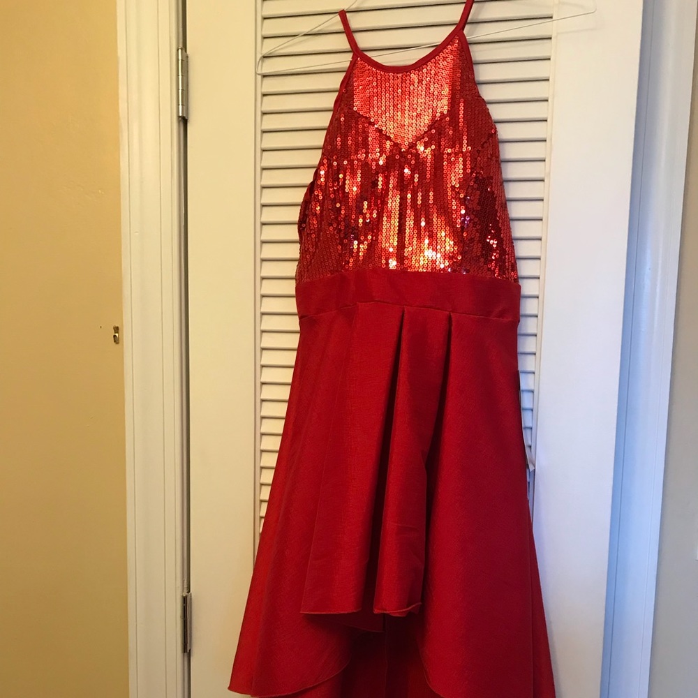 Red sequence dress, open back tie halter